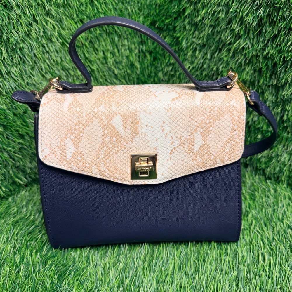Dune London Navy Saffiano Snakeskin‎ Flap Top Handle Crossbody Satchel Bag